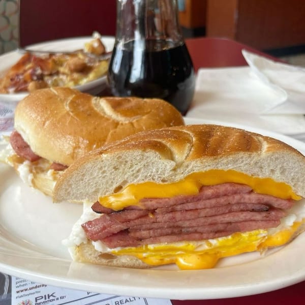 A Morristown Diner breakfast sandwich with pork roll, egg, and cheese on a hard roll.