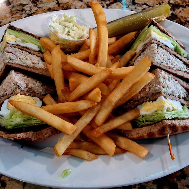 Tuna Salad and Sliced Egg Club Sandwich.