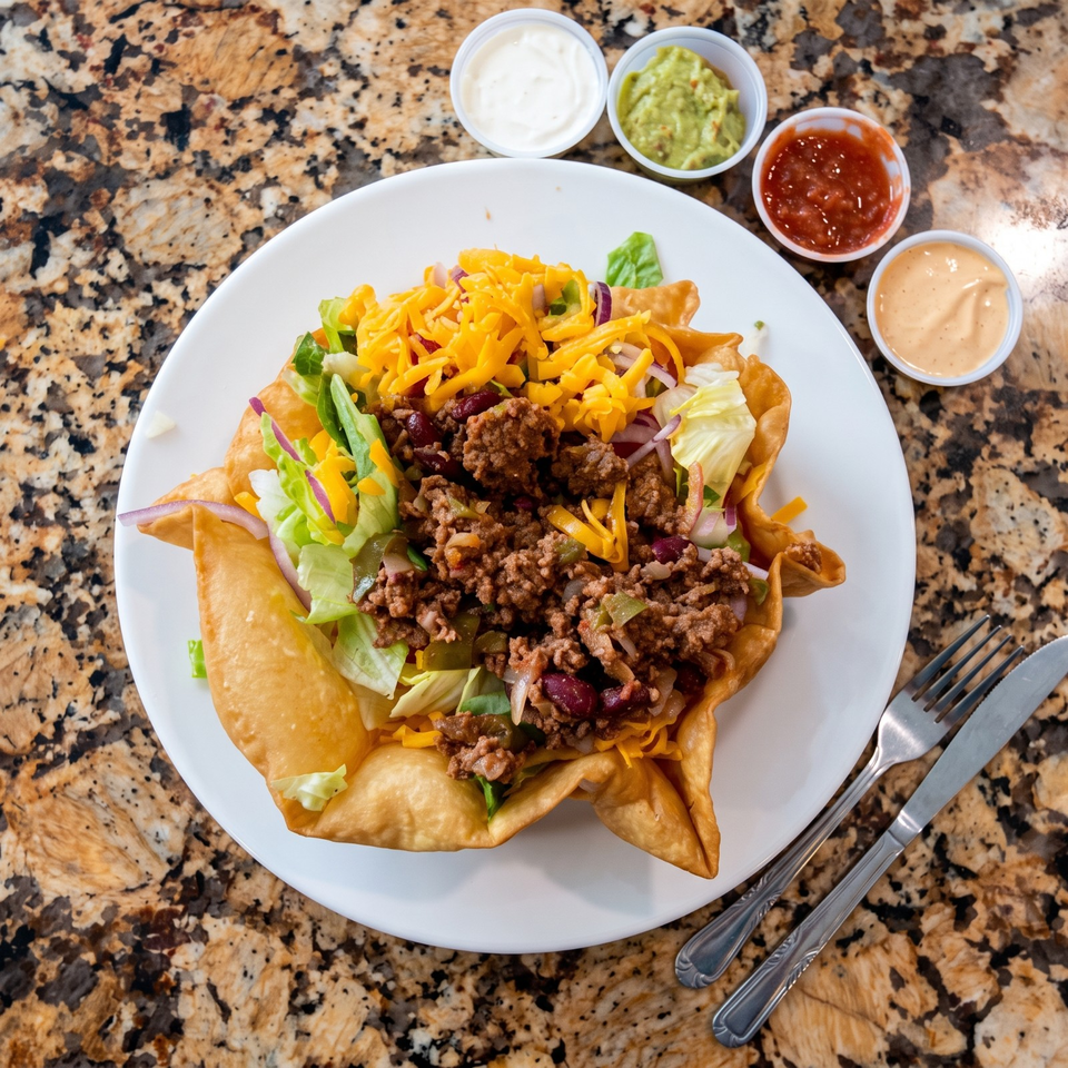 Crispy tortilla bowl topped with seasoned ground beef, beans, lettuce, tomatoes, onions, and shredded cheddar, served with dipping sauces.