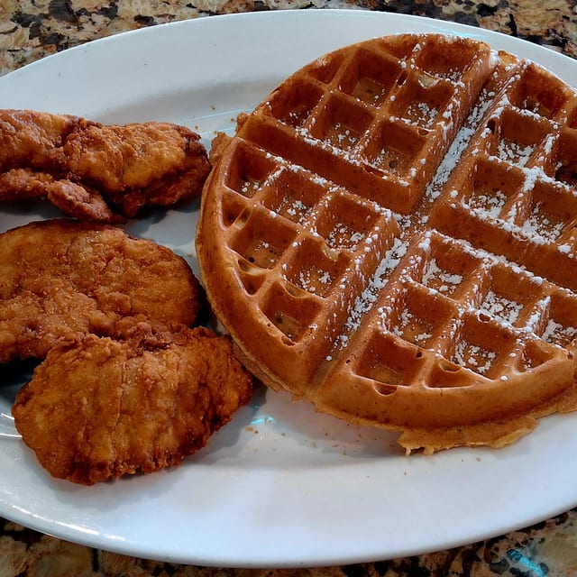 Waffle with Chicken Fingers.
